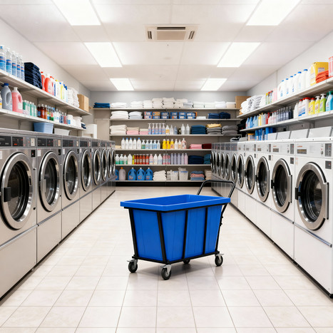 Фото-34727 Ванна K 400 л синяя в тележке с поворотными колесами и ручкой